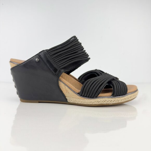 UGG Hilarie Wedge Sandals Black Leather Elastic Straps Espadrille US 8 EU 3 - Picture 4 of 12